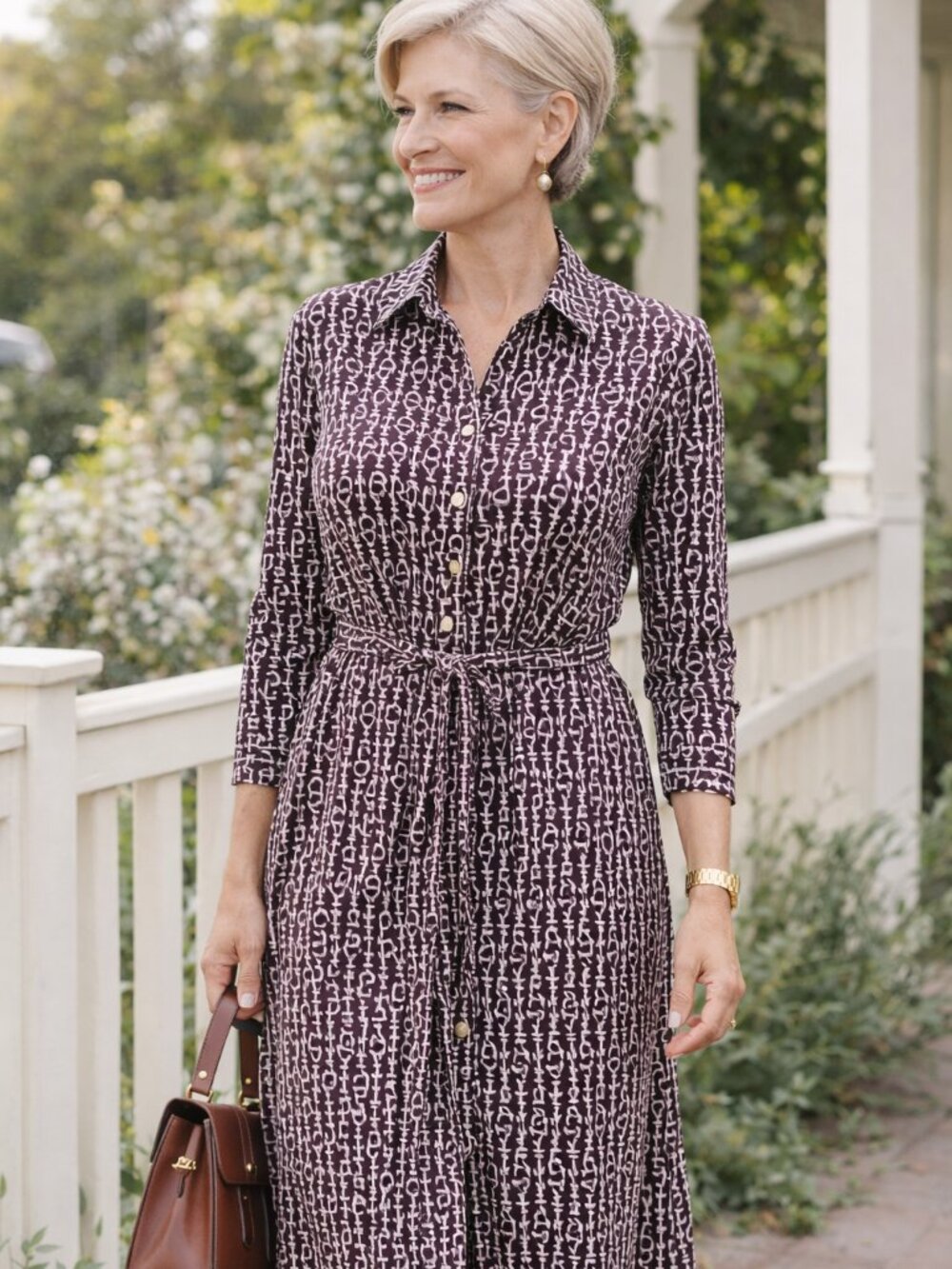 Talbots Equestrian Shirt Dress Brown Belted Jersey Petite MP